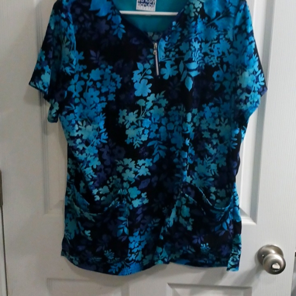 Easy STRETCH by Butter-Sof Medical Floral  Women's 4-Pocket Zip Curved Neck ECU